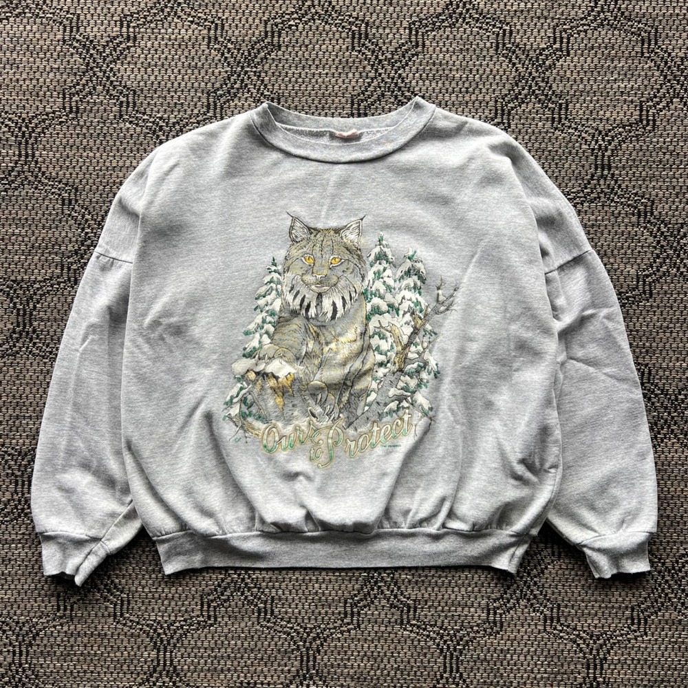Vintage Lynx Sweatshirt Mens XL Gray Ours To Protect Nature 90s Wildlife